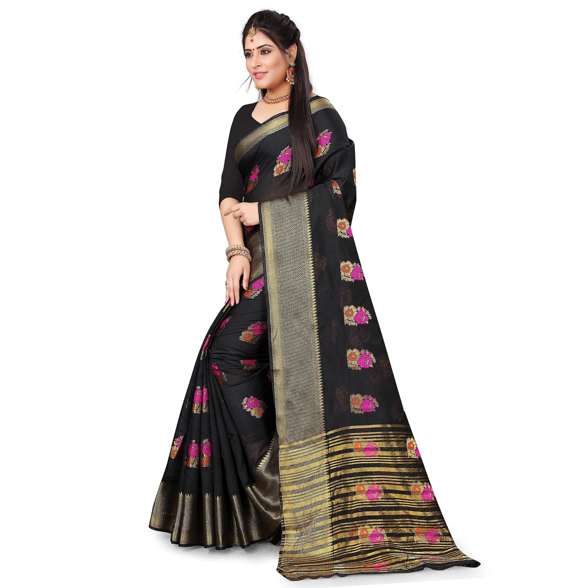 Engrossing Black Colored Festive Wear Woven Cotton Silk Saree