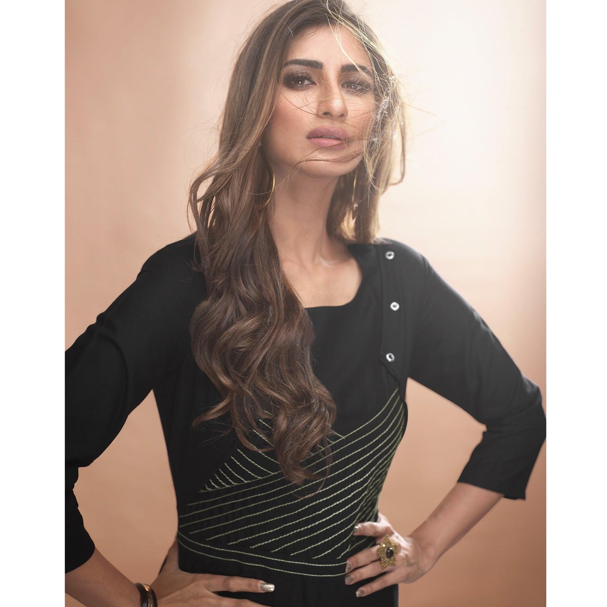 Engrossing Black Colored Partywear Embroidered Viscose Kurti