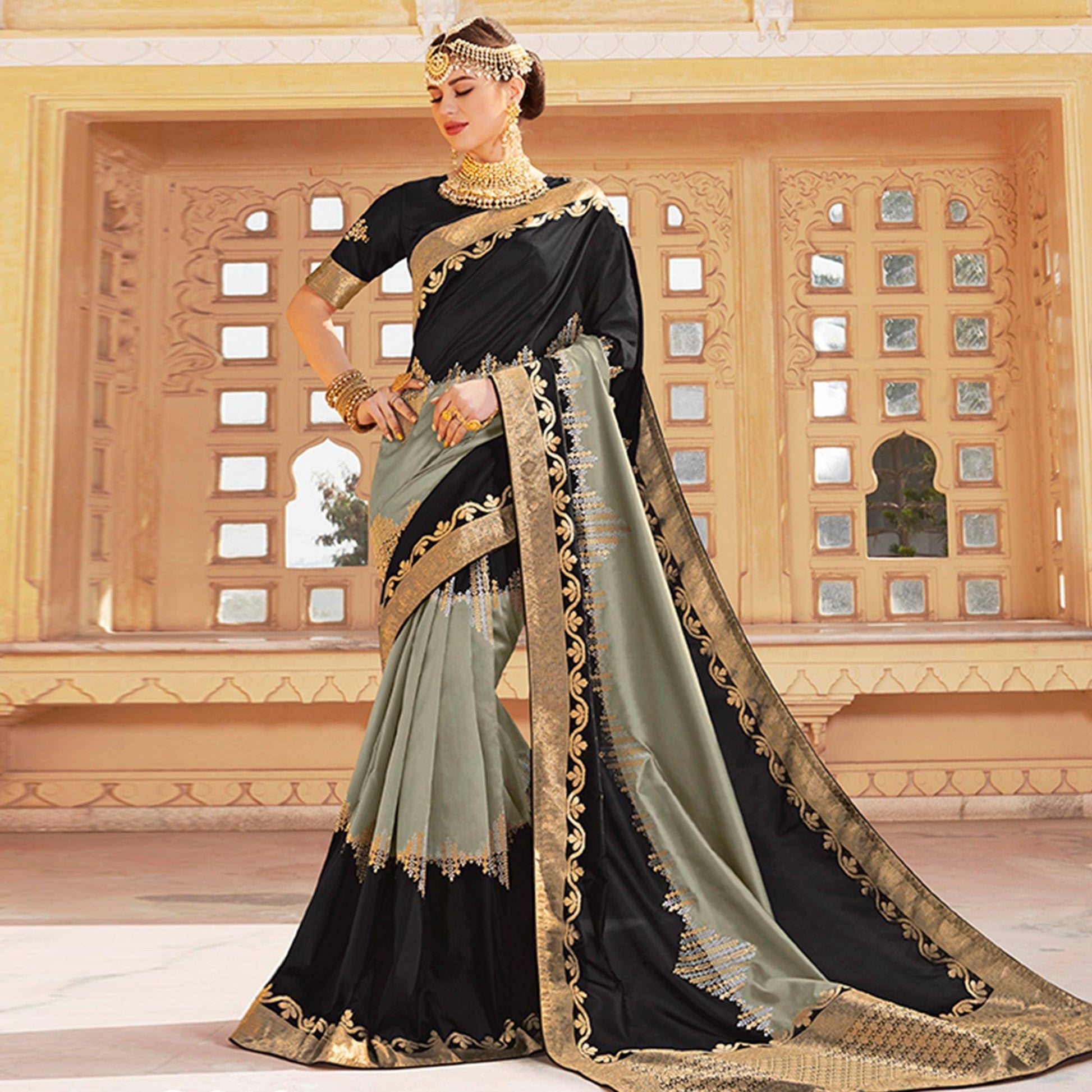 Engrossing Black-Grey Colored Festive Wear Woven Silk Saree
