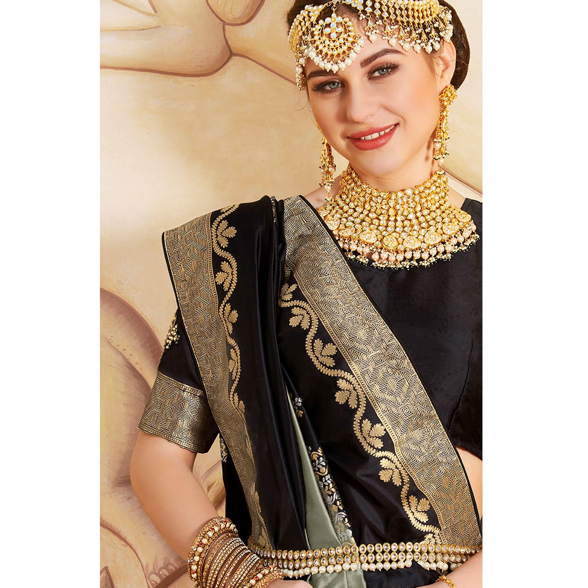 Engrossing Black-Grey Colored Festive Wear Woven Silk Saree