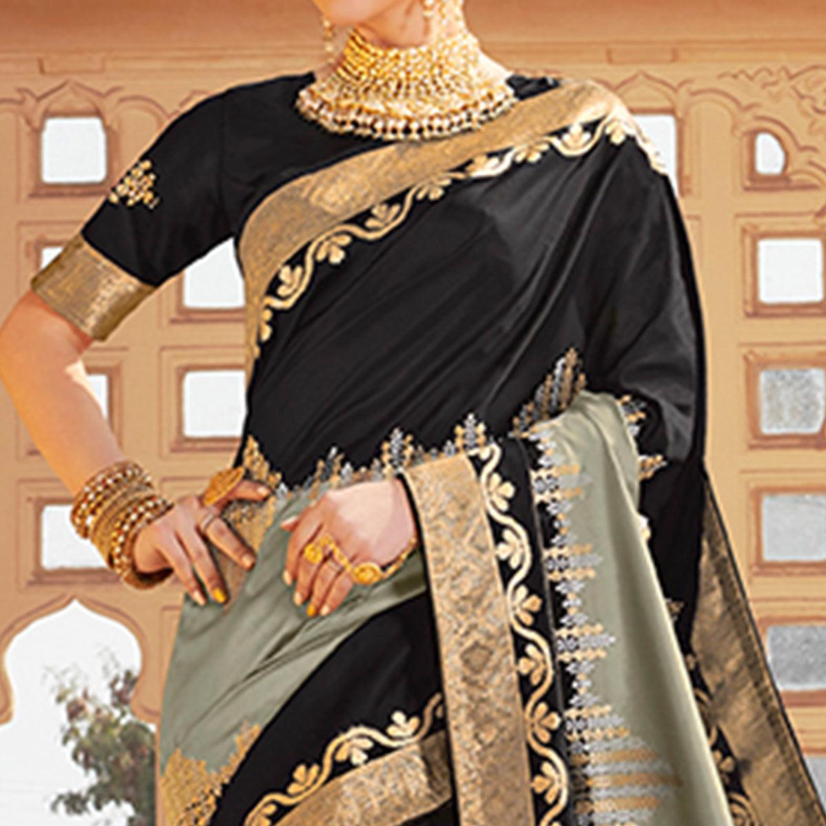 Engrossing Black-Grey Colored Festive Wear Woven Silk Saree