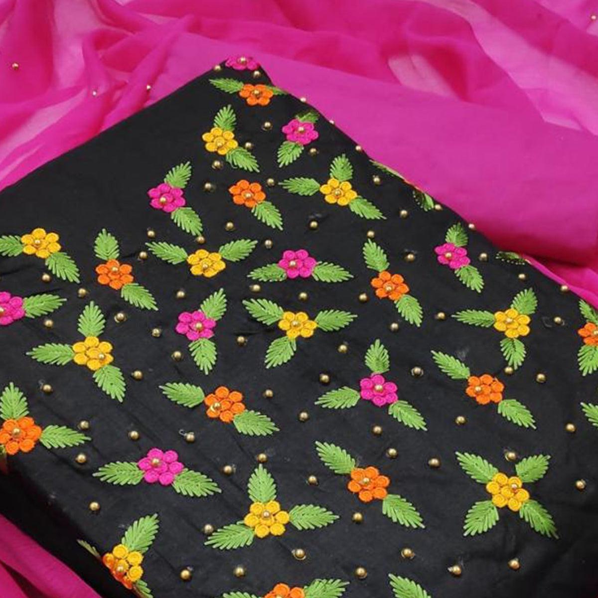 Engrossing Black - Pink Colored Casual Wear Embroidered Cotton Dress Material