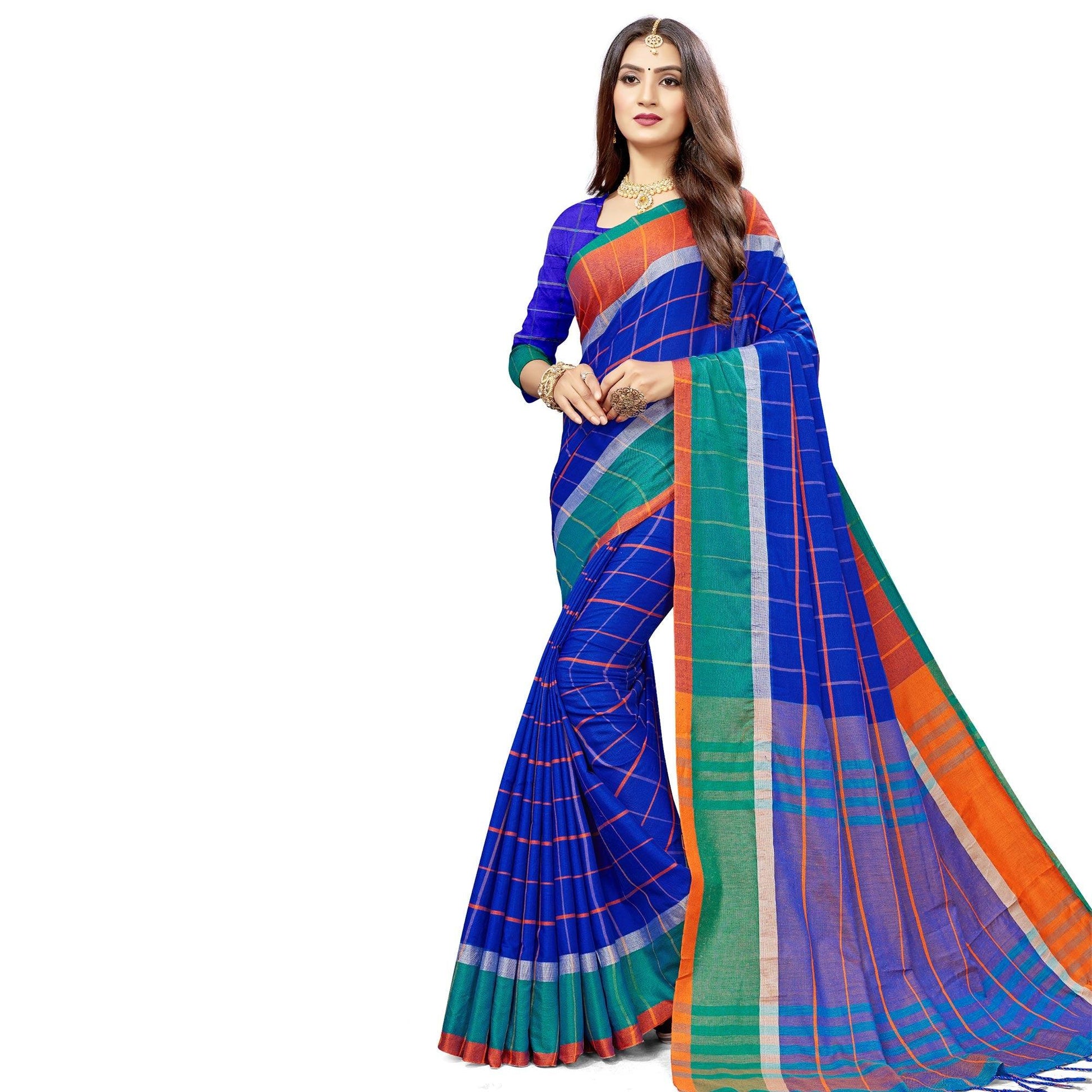 Engrossing Blue Colored Festive Wear Stripe Printed Cotton Silk Saree With Tassels