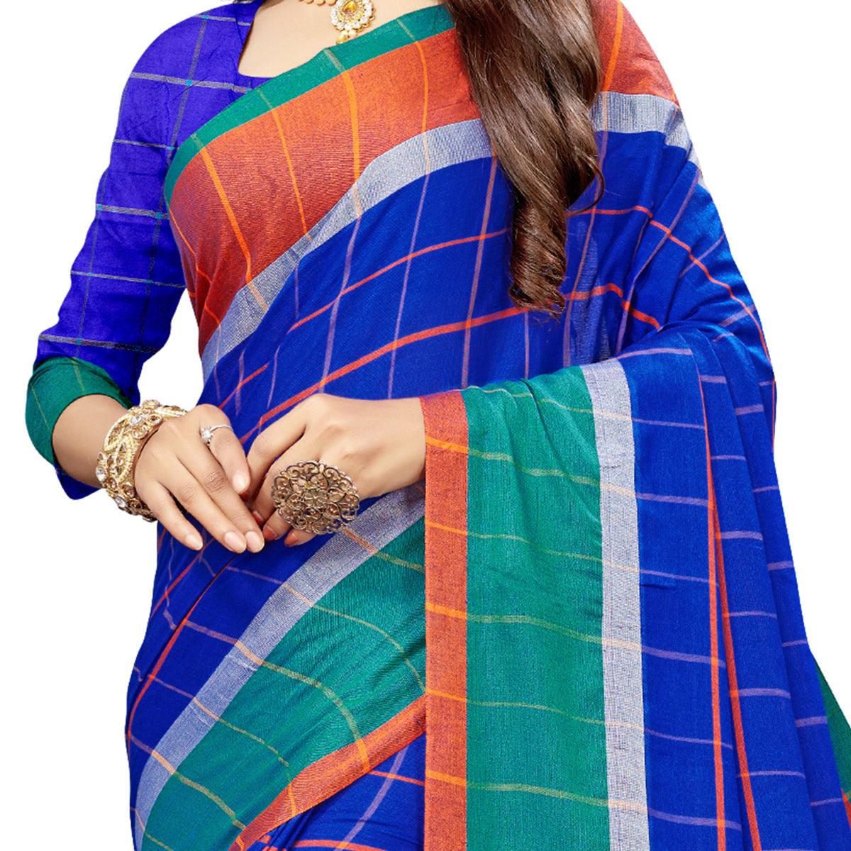 Engrossing Blue Colored Festive Wear Stripe Printed Cotton Silk Saree With Tassels
