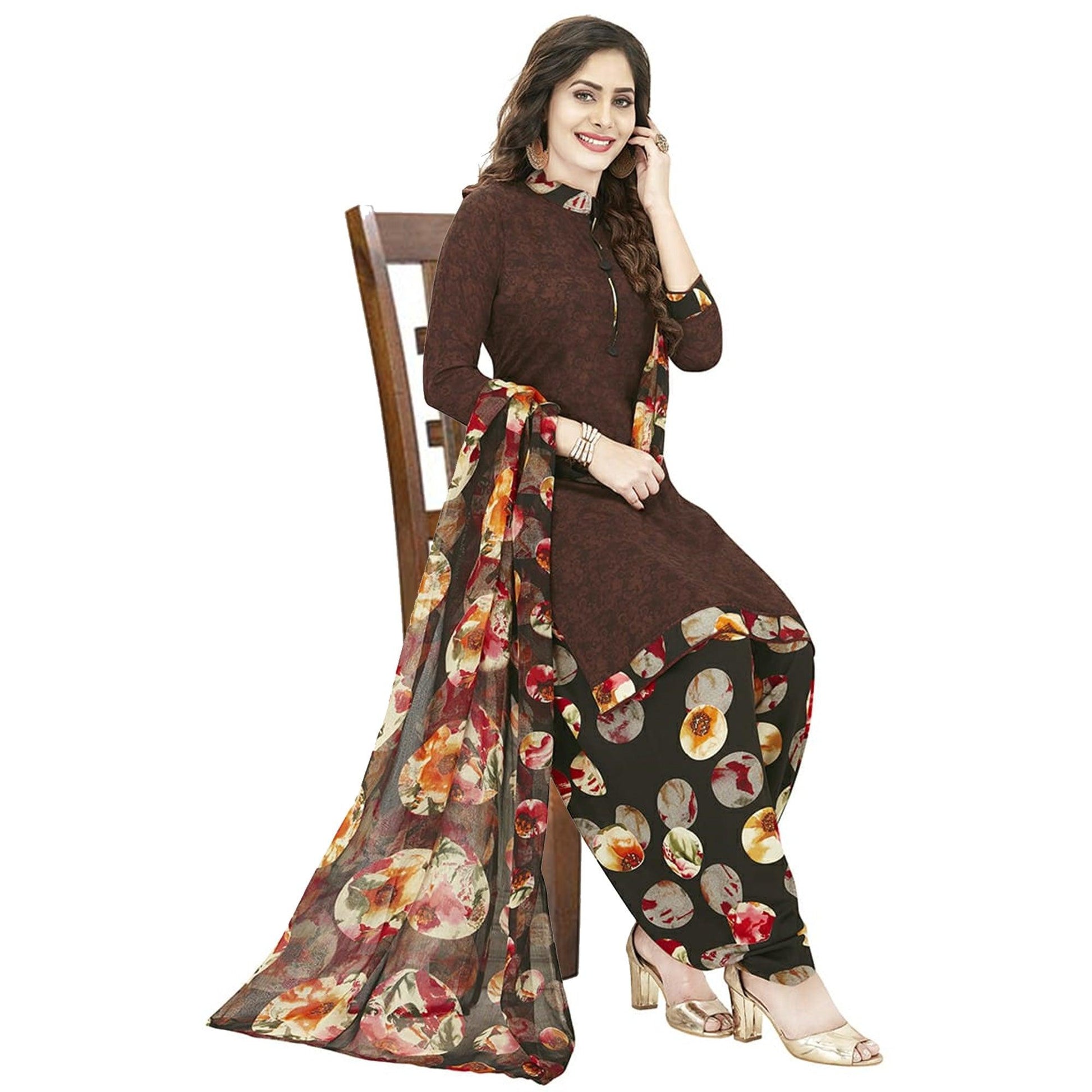 Engrossing Brown Colored Casual Wear Printed Crepe Patiala Dress Material