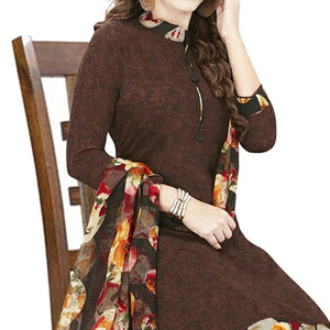 Engrossing Brown Colored Casual Wear Printed Crepe Patiala Dress Material