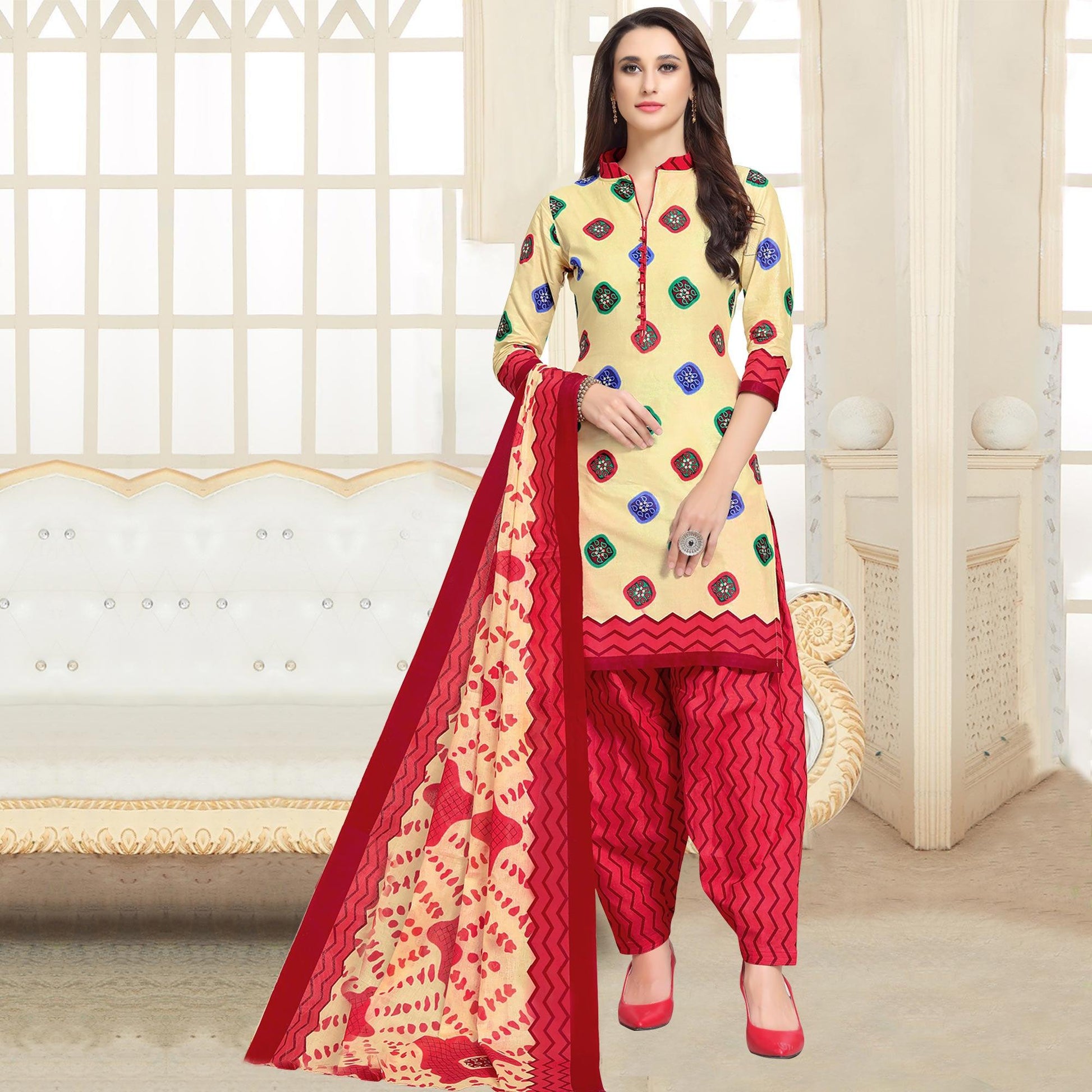 Engrossing Cream-Red Colored Casual Wear Printed Cotton Patiala Dress Material