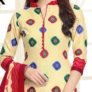 Engrossing Cream-Red Colored Casual Wear Printed Cotton Patiala Dress Material