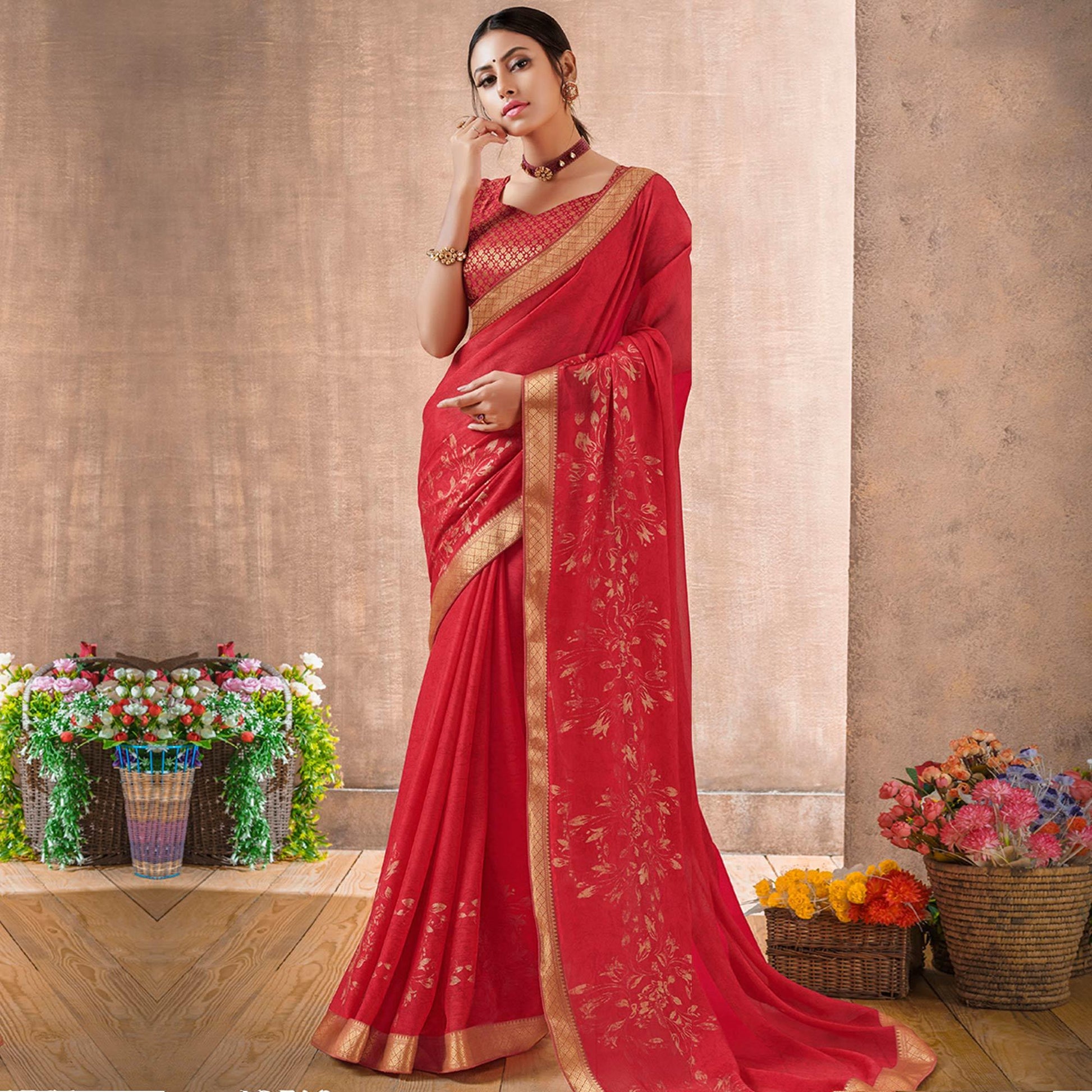 Engrossing Deep Pink Colored Festive Wear Foil Printed Georgette Saree