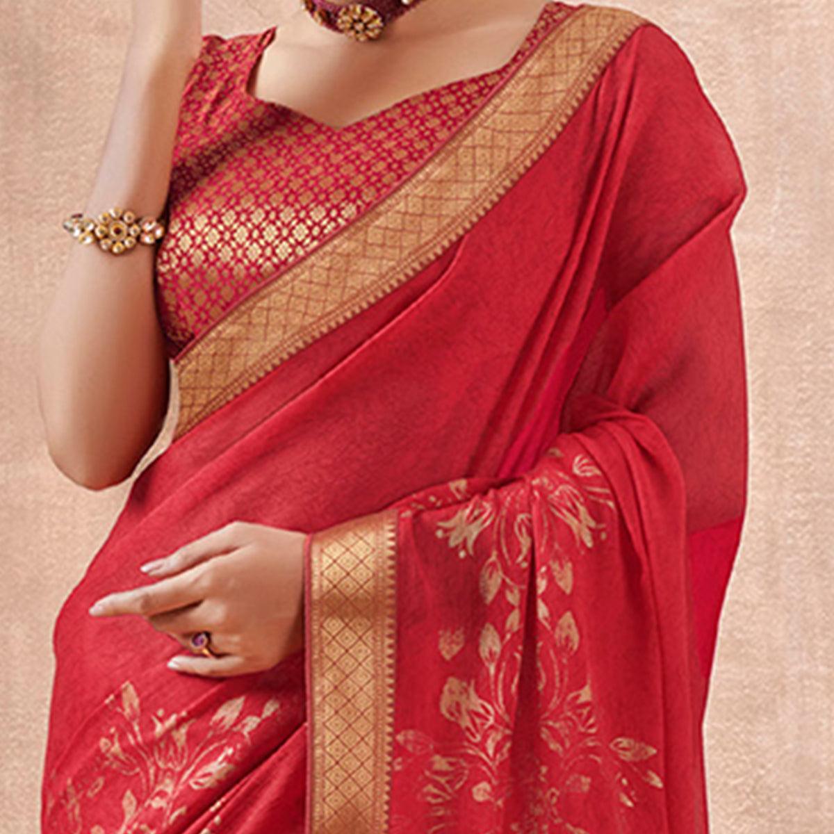 Engrossing Deep Pink Colored Festive Wear Foil Printed Georgette Saree