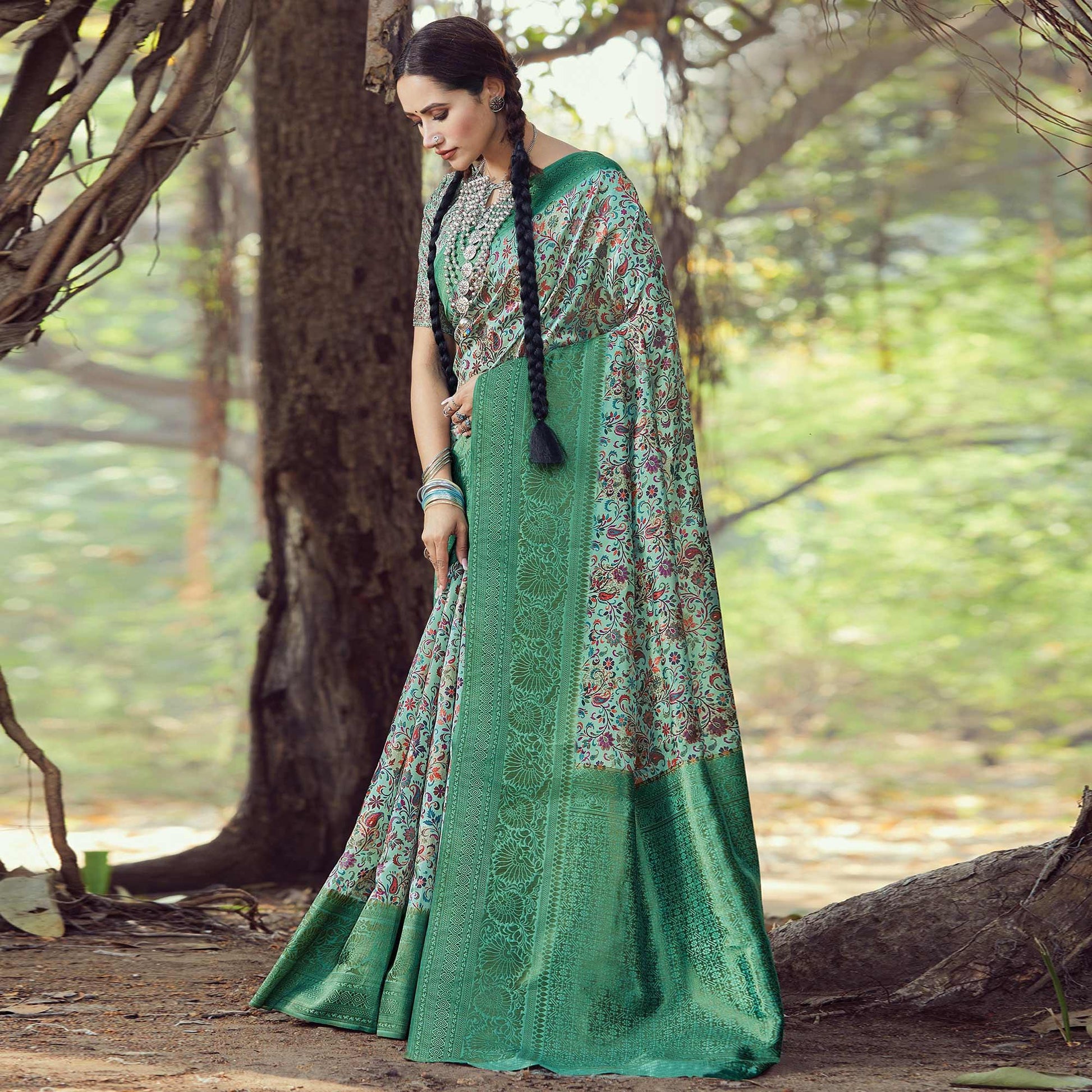 Engrossing Green Colored Festive Wear Digital Printed Silk Saree