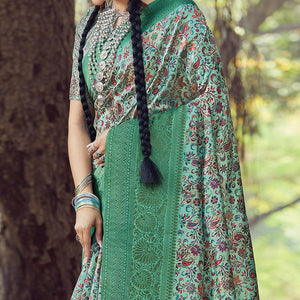 Engrossing Green Colored Festive Wear Digital Printed Silk Saree