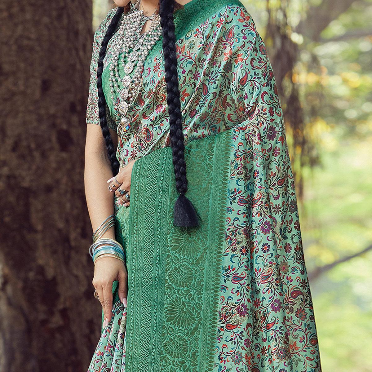 Engrossing Green Colored Festive Wear Digital Printed Silk Saree