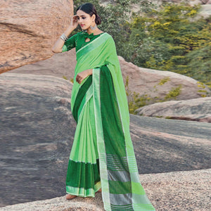 Engrossing Green Colored Festive Wear Woven Linen Saree