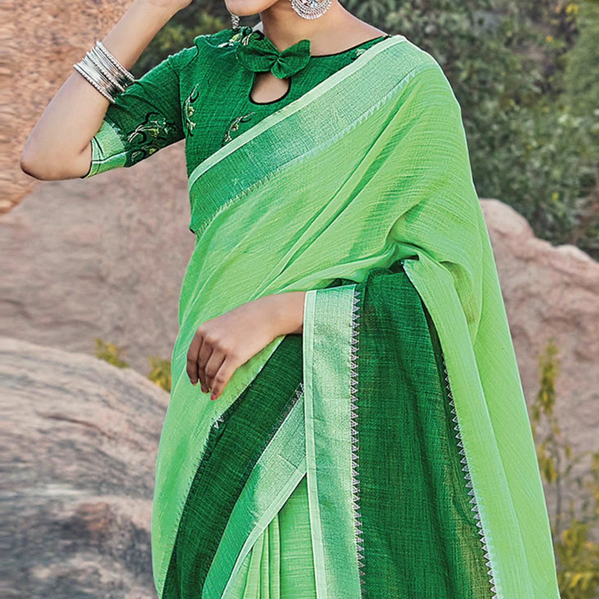 Engrossing Green Colored Festive Wear Woven Linen Saree