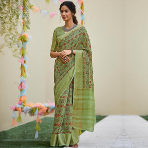 Engrossing Green Colored Party Wear Digital Printed Linen Saree