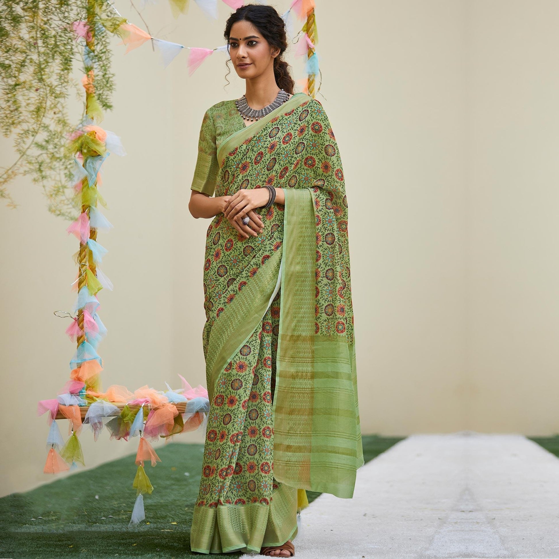 Engrossing Green Colored Party Wear Digital Printed Linen Saree