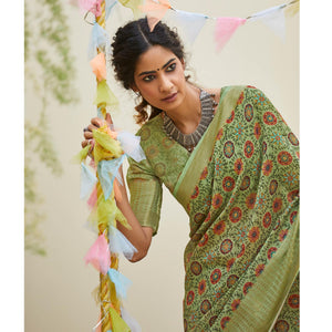 Engrossing Green Colored Party Wear Digital Printed Linen Saree