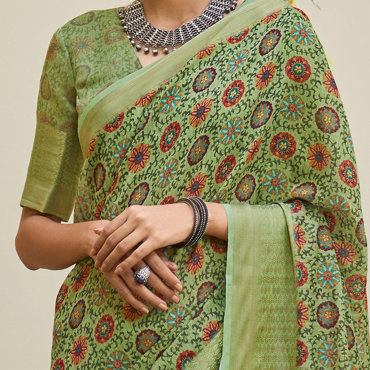 Engrossing Green Colored Party Wear Digital Printed Linen Saree