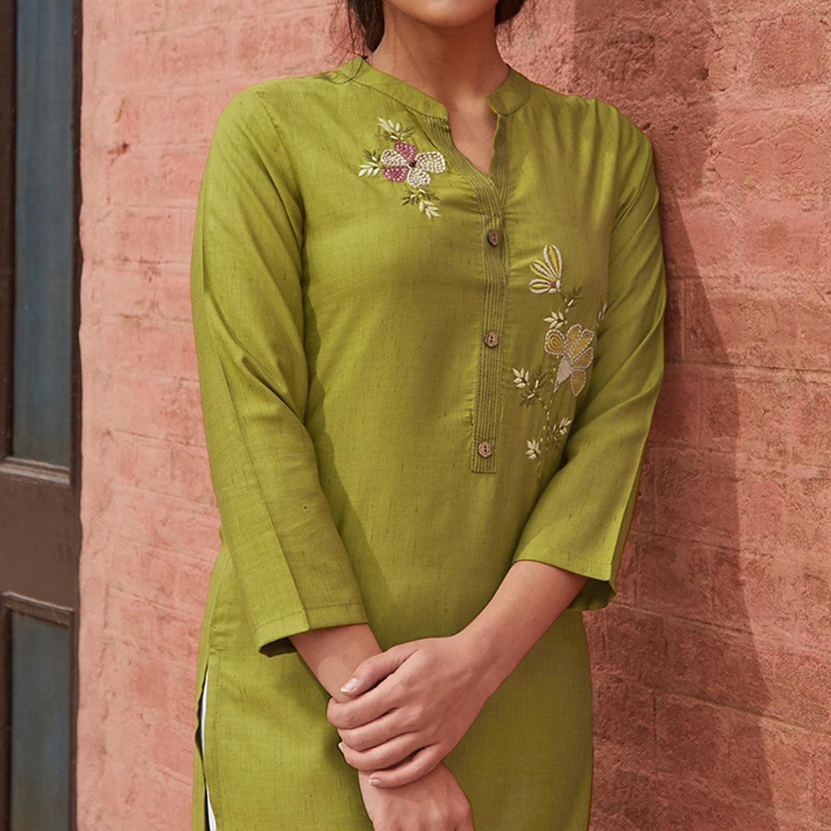 Engrossing Green Colored Partywear Embroidered Pure Viscose Kurti