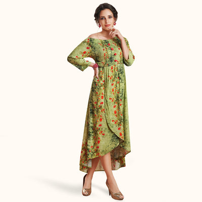 Engrossing Green Colored Partywear Printed Rayon Kurti