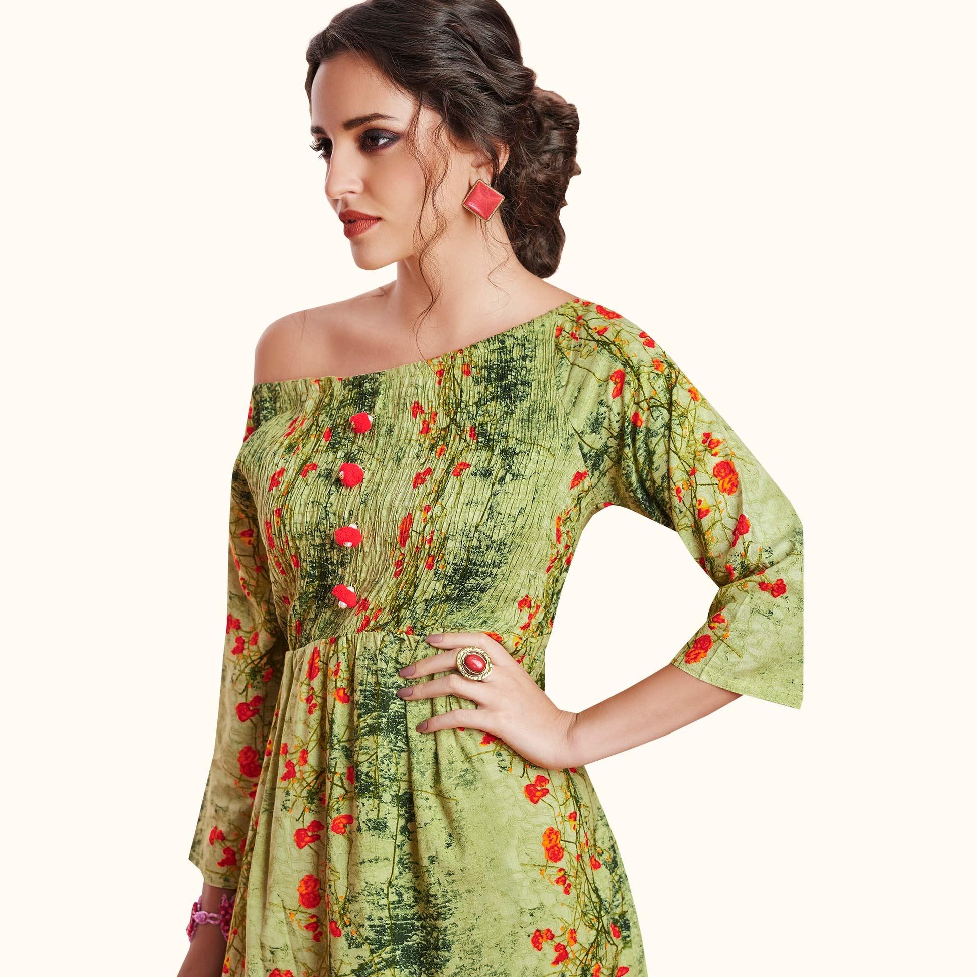 Engrossing Green Colored Partywear Printed Rayon Kurti