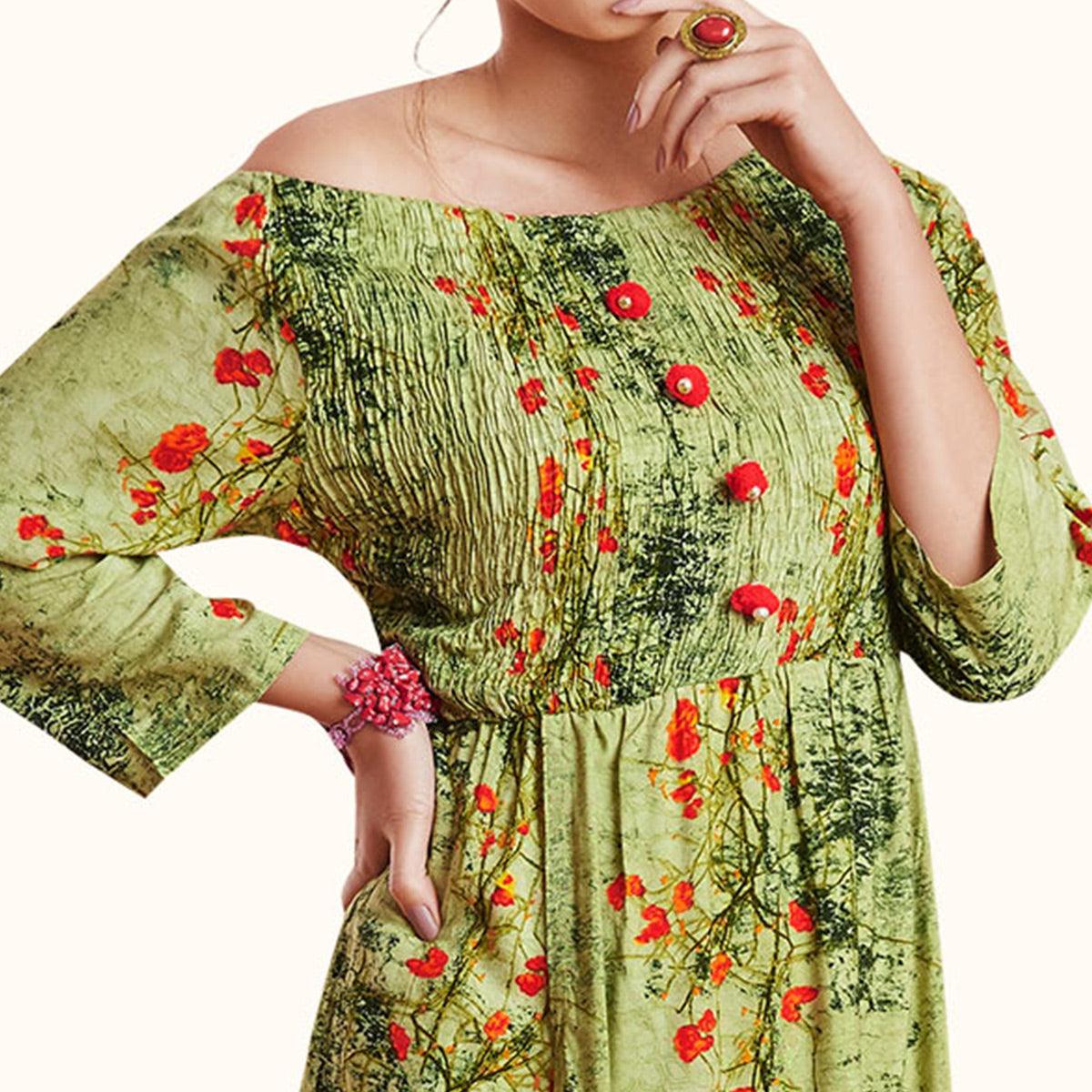Engrossing Green Colored Partywear Printed Rayon Kurti