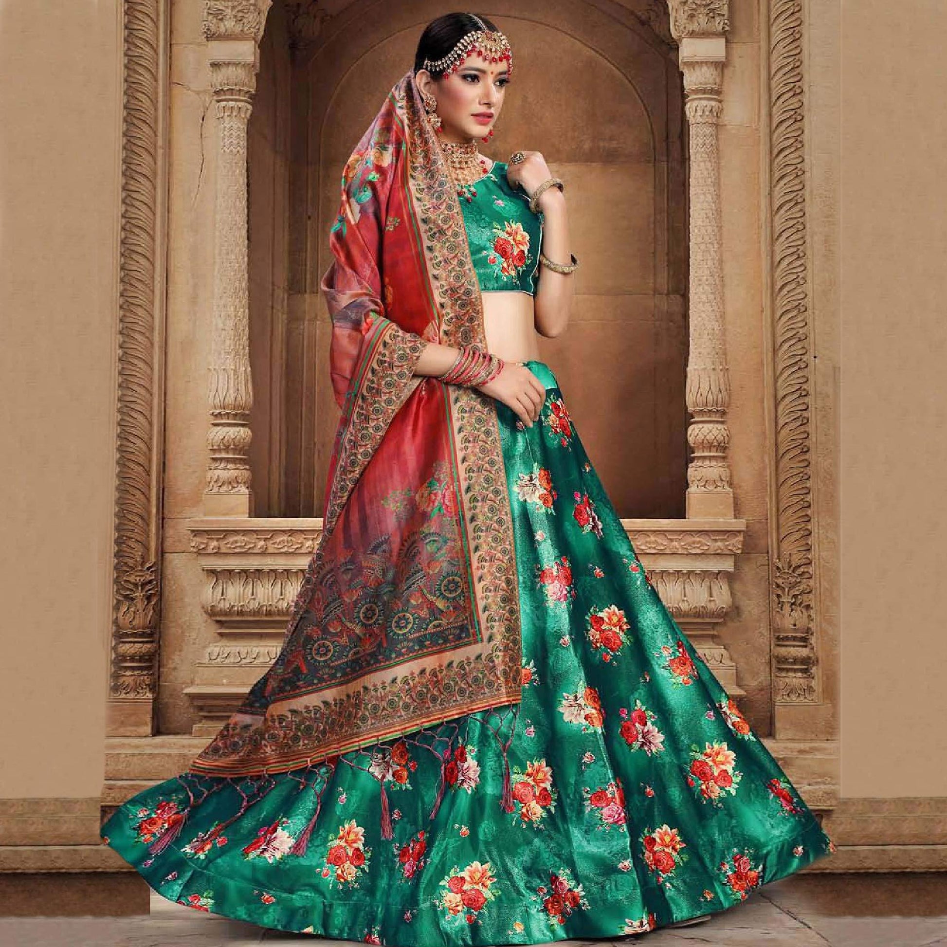 Engrossing Green Colored Wedding Wear Printed Art Silk Lehenga Choli
