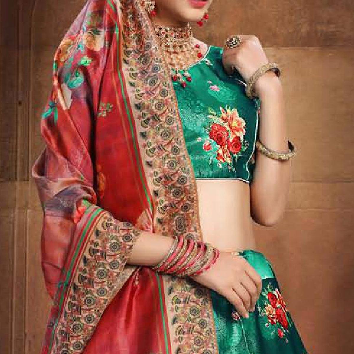 Engrossing Green Colored Wedding Wear Printed Art Silk Lehenga Choli