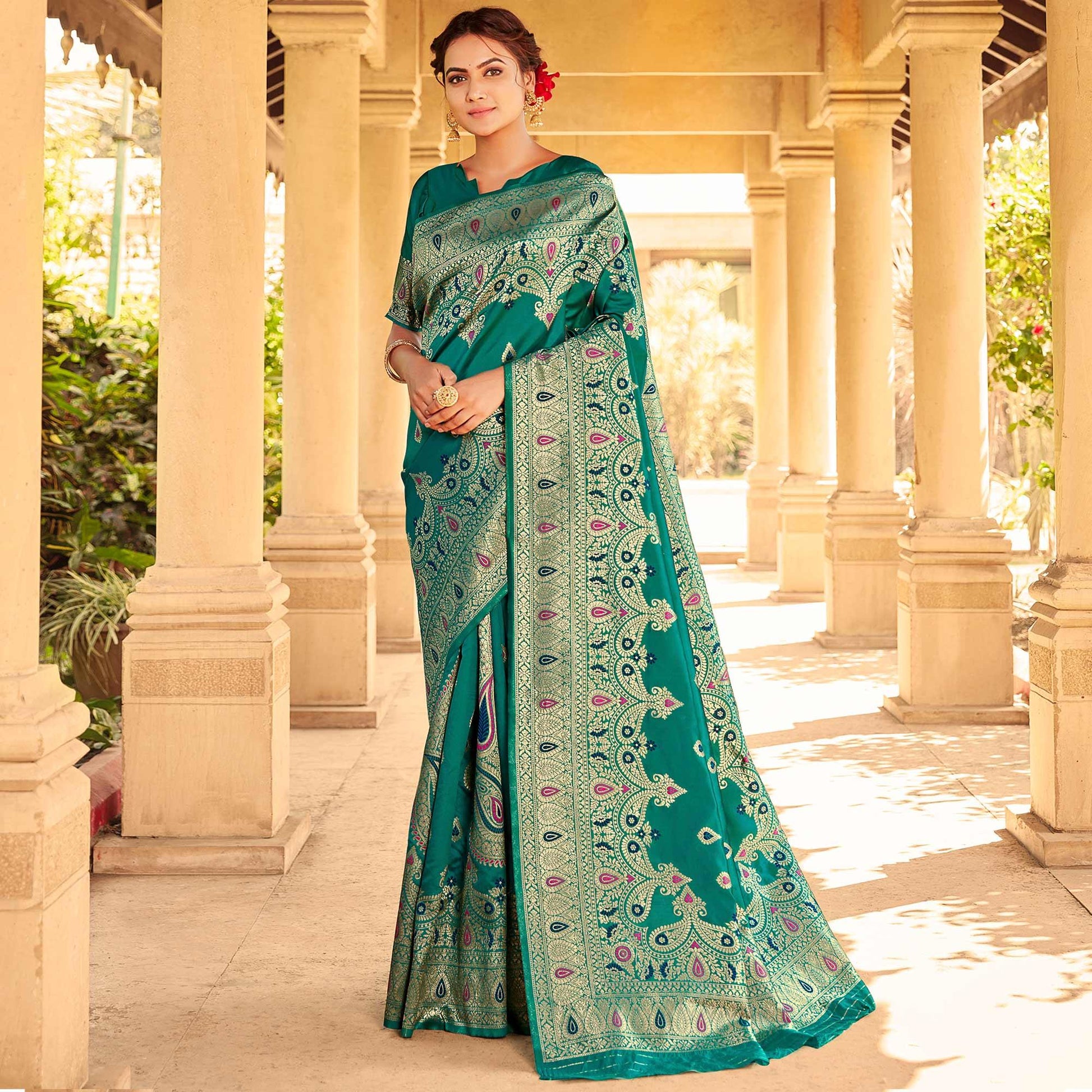 Engrossing Green Coloured Designer Partywear Weaving Silk Saree