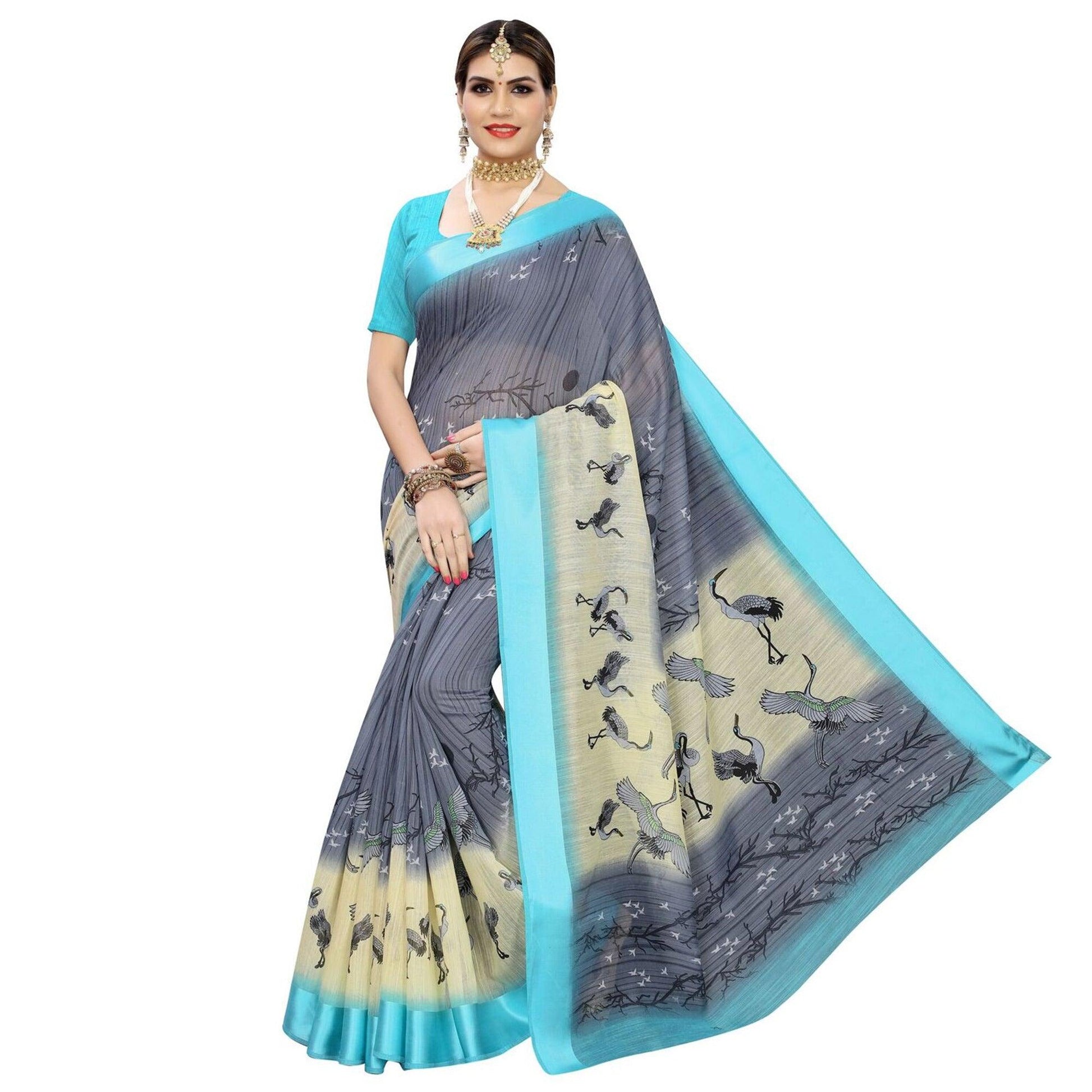Engrossing Grey Colored Casual Printed Linen Saree