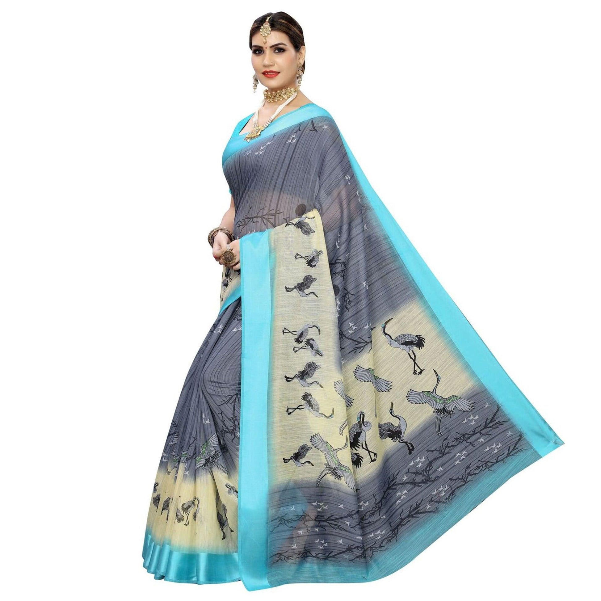 Engrossing Grey Colored Casual Printed Linen Saree