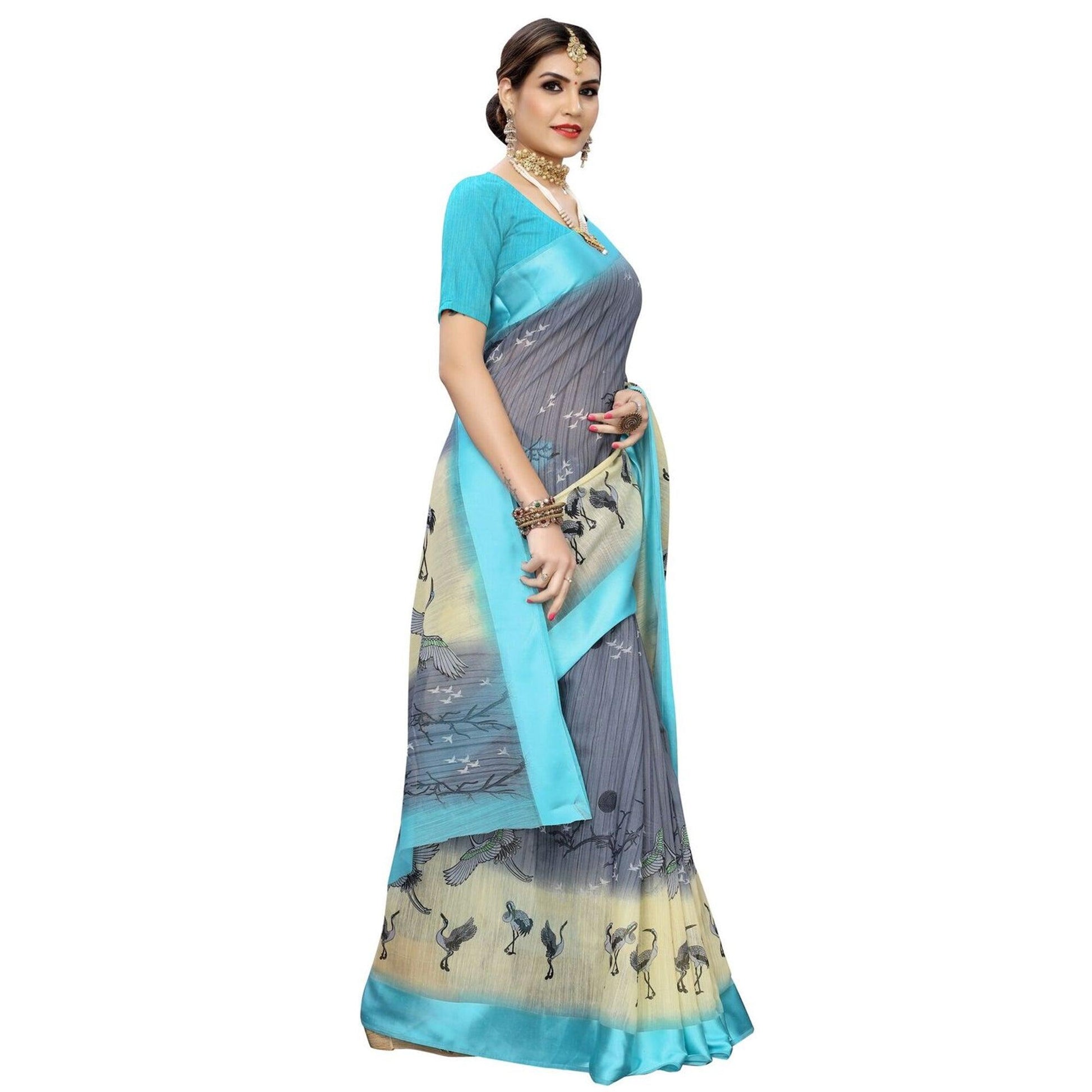 Engrossing Grey Colored Casual Printed Linen Saree