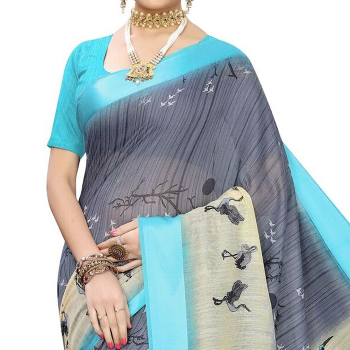 Engrossing Grey Colored Casual Printed Linen Saree