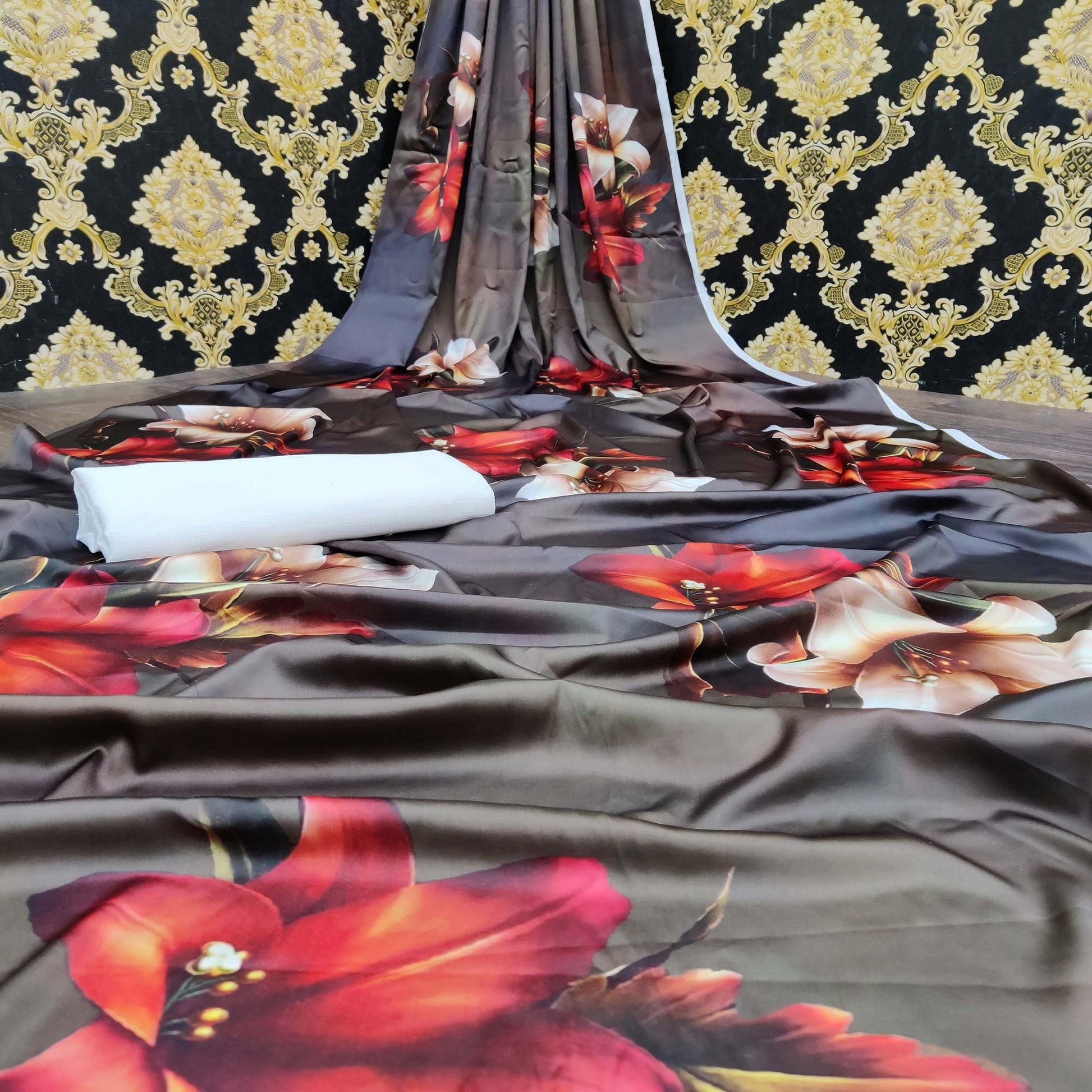 Engrossing Grey Colored Casual Wear Digital Printed Satin Saree