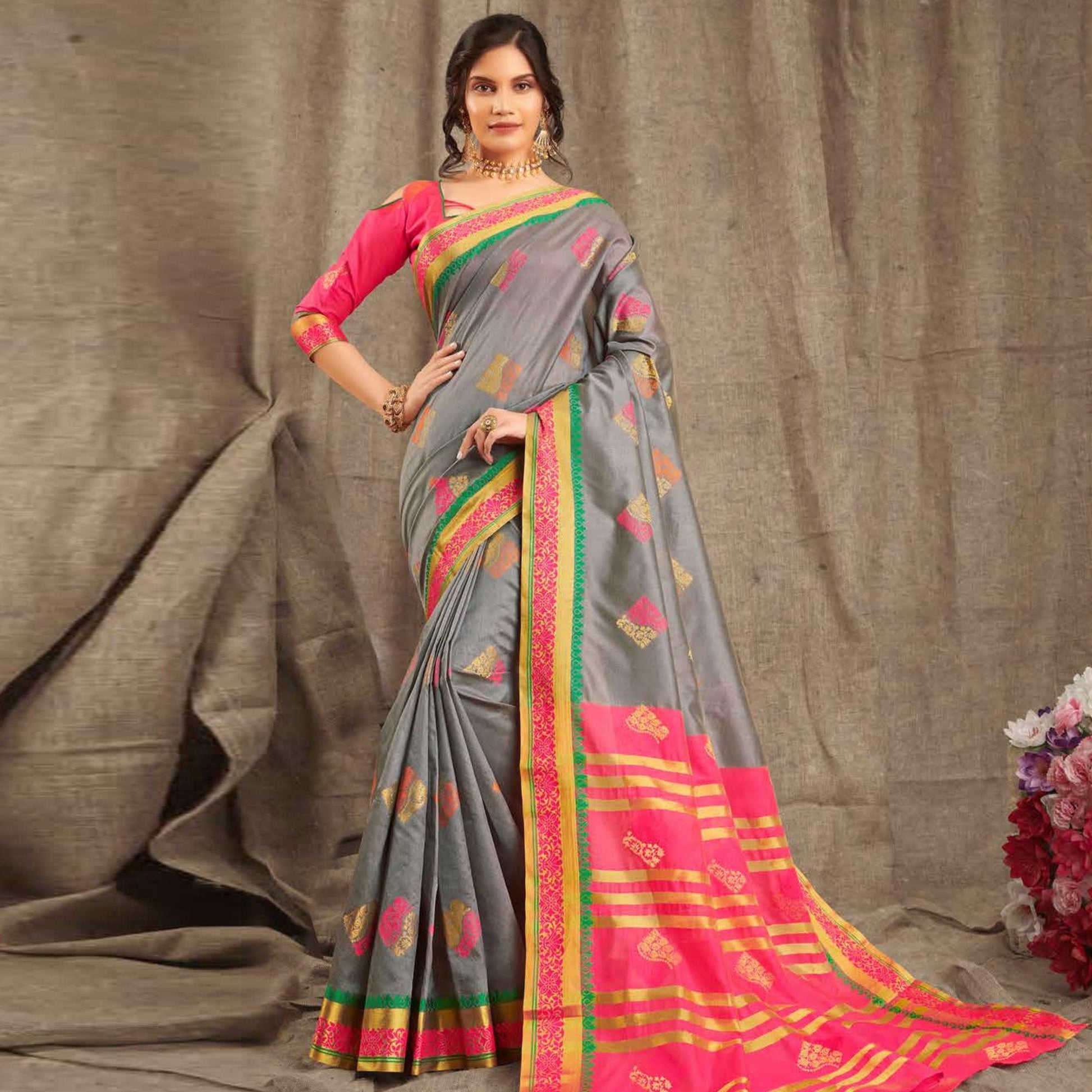 Engrossing Grey Colored Festive Wear Woven Cotton Handloom Saree