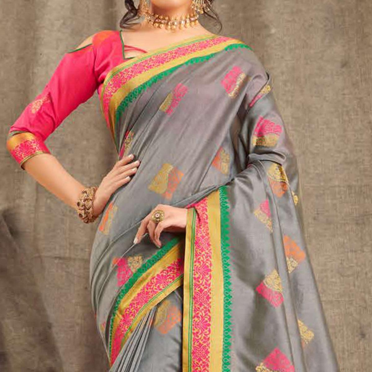 Engrossing Grey Colored Festive Wear Woven Cotton Handloom Saree