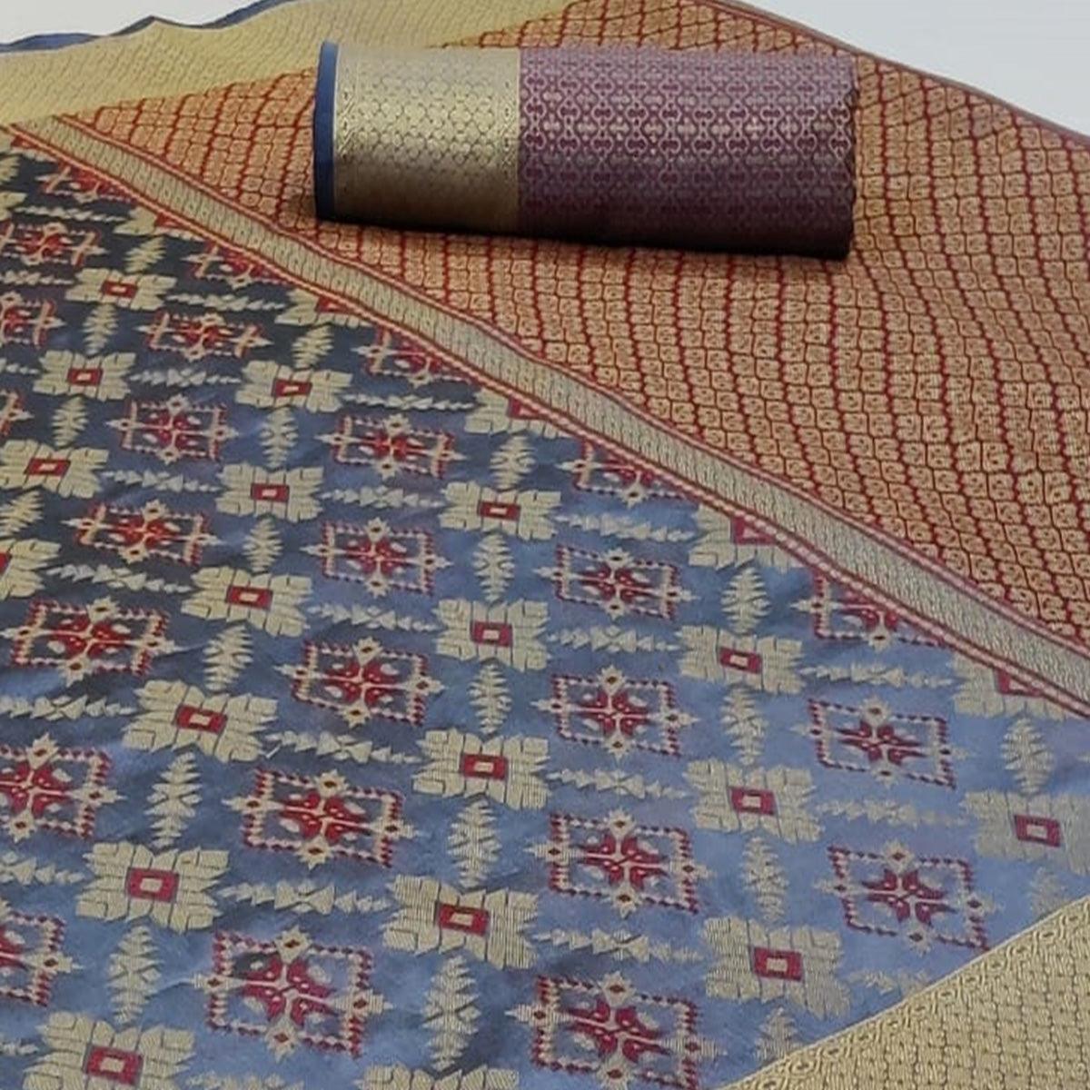 Engrossing Grey Colored Festive Wear Woven Silk Saree