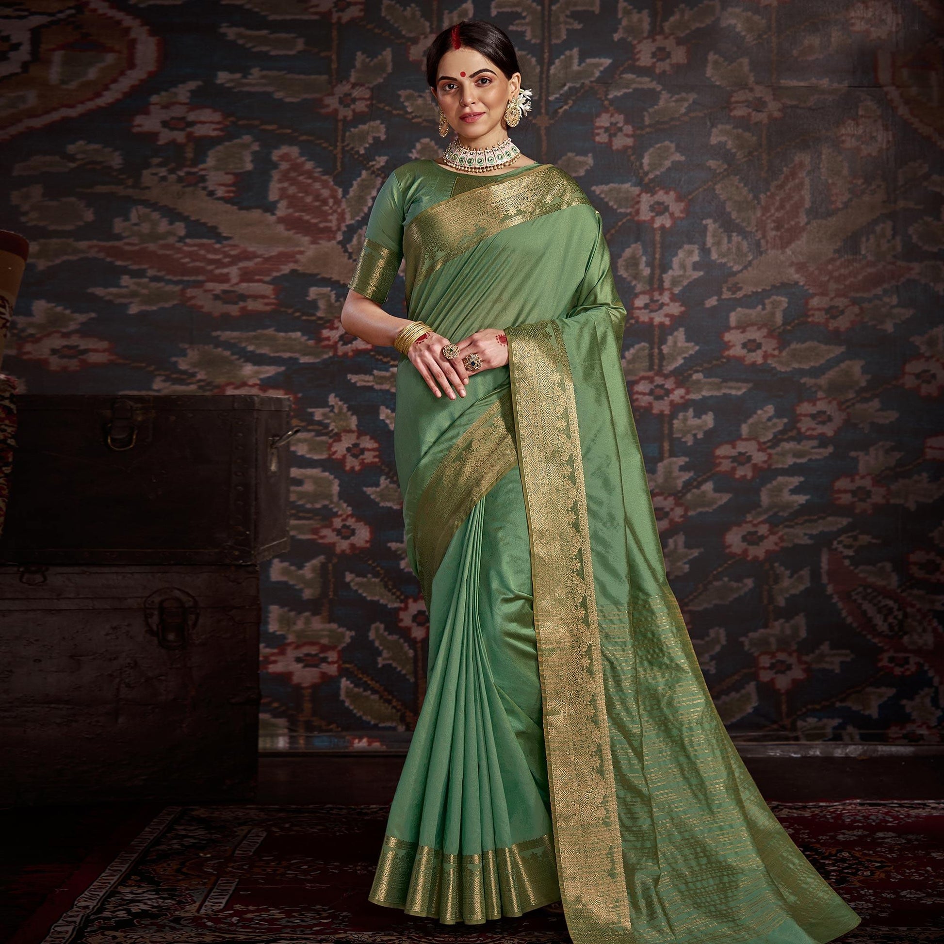 Engrossing Light Green Colored Festive Wear Woven Silk Saree