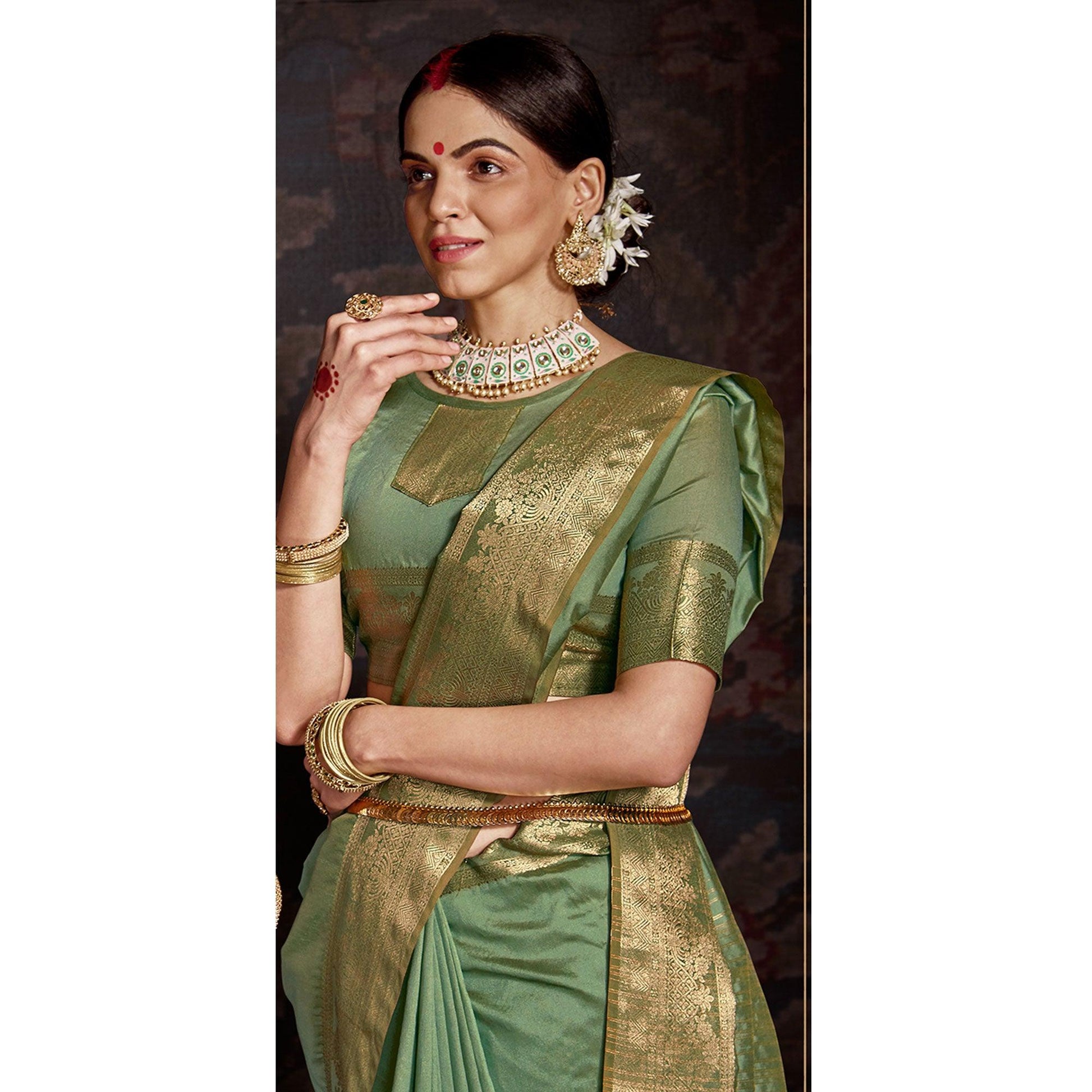 Engrossing Light Green Colored Festive Wear Woven Silk Saree