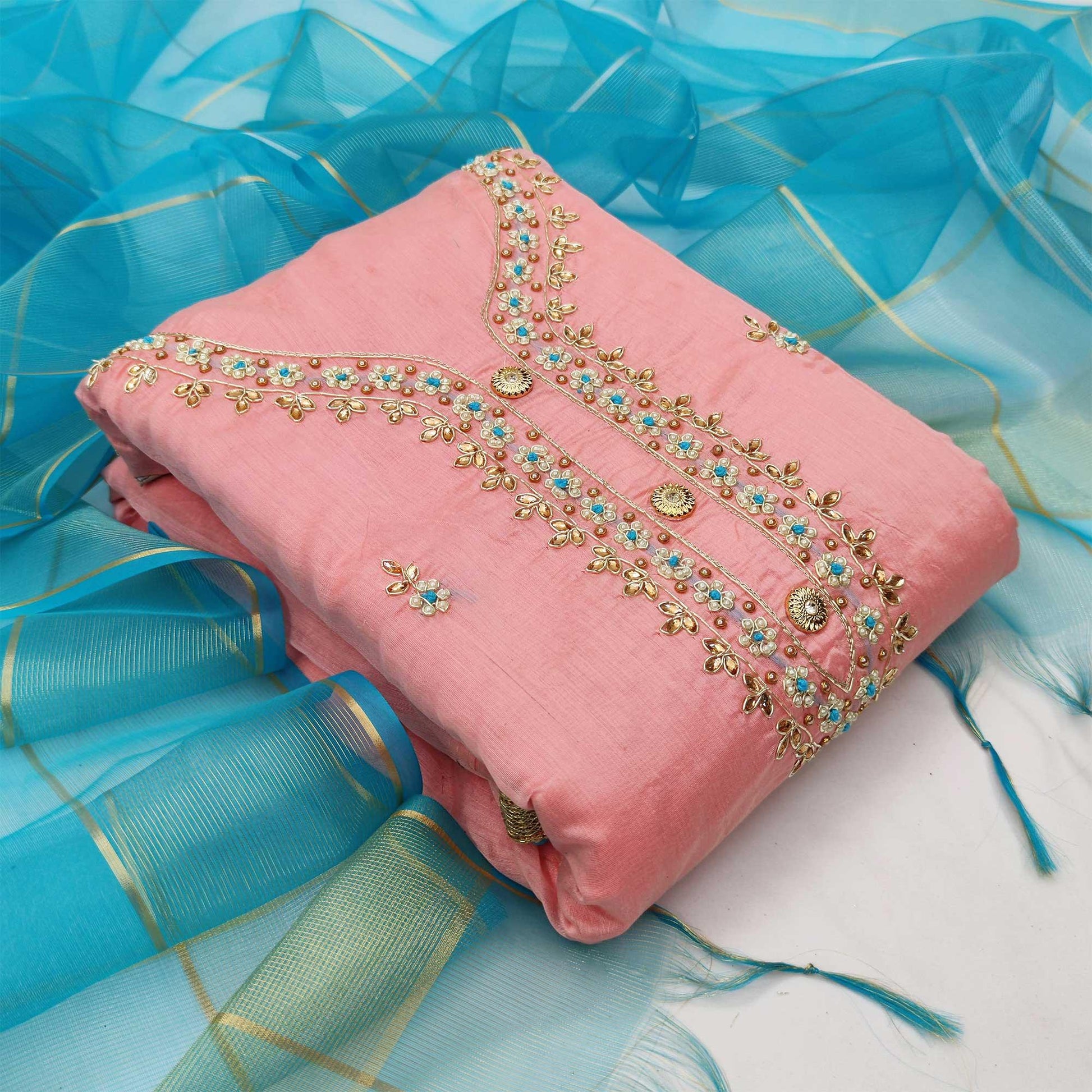 Engrossing Light Pink Colored Casual Embroidered Modal Chanderi Dress Material
