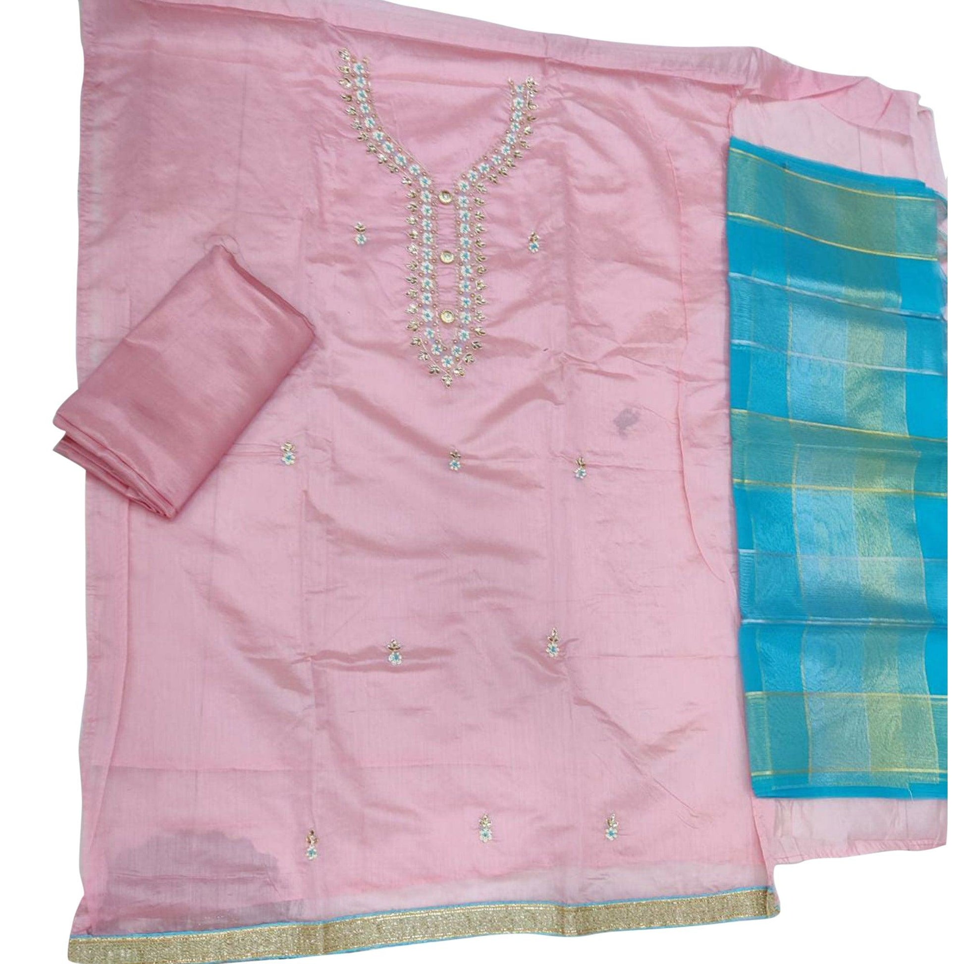 Engrossing Light Pink Colored Casual Embroidered Modal Chanderi Dress Material