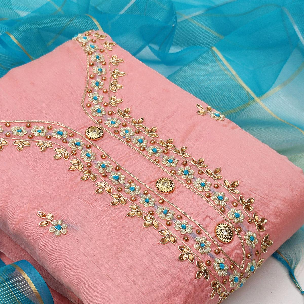 Engrossing Light Pink Colored Casual Embroidered Modal Chanderi Dress Material