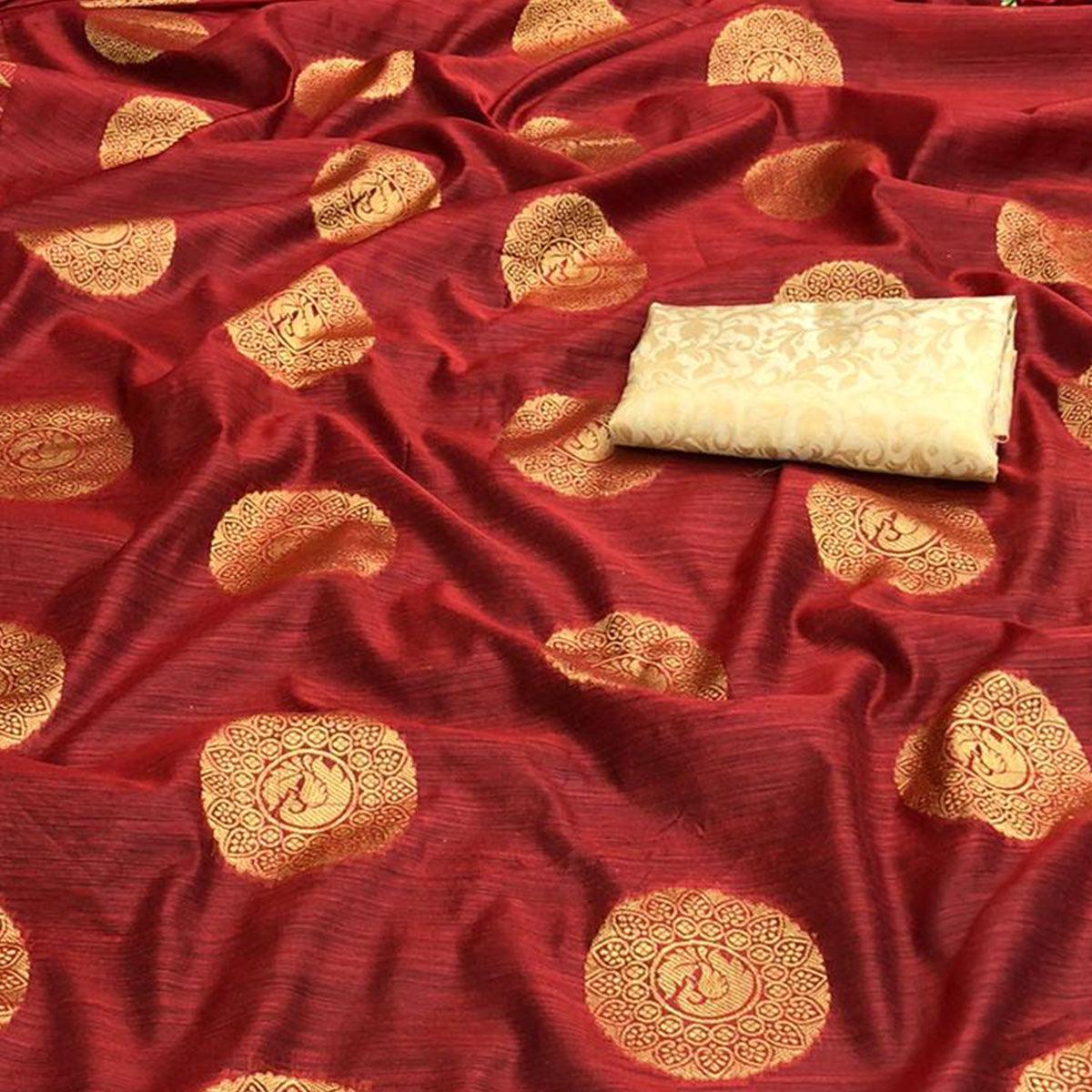 Engrossing Maroon Colored Festive Wear Woven Cotton Saree