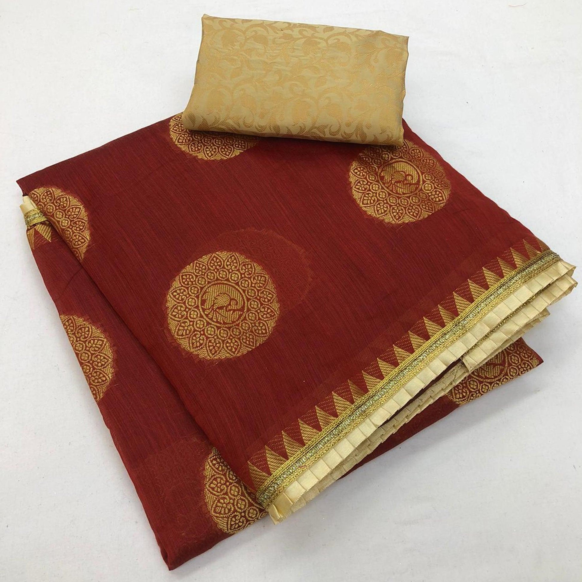 Engrossing Maroon Colored Festive Wear Woven Cotton Saree