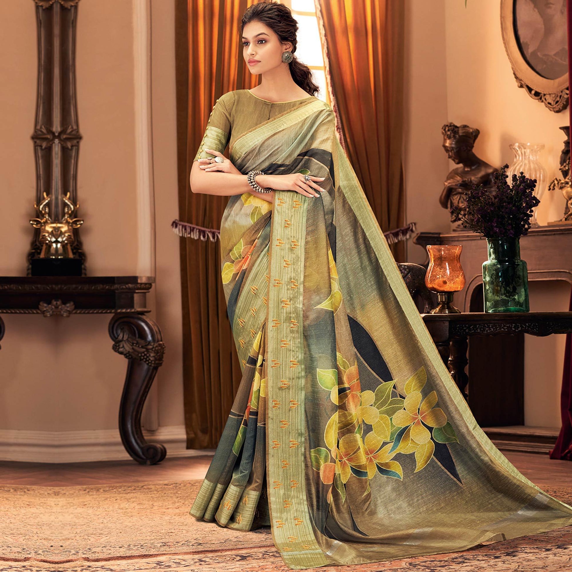 Engrossing Mehndi Green Colored Festive Wear Printed And Woven Border Silk Saree