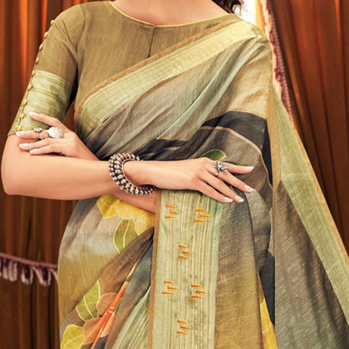 Engrossing Mehndi Green Colored Festive Wear Printed And Woven Border Silk Saree