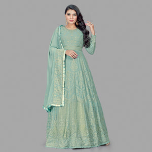 Engrossing Mint Green Colored Party Wear Embroidered Heavy Faux Georgette Anarkali Suit