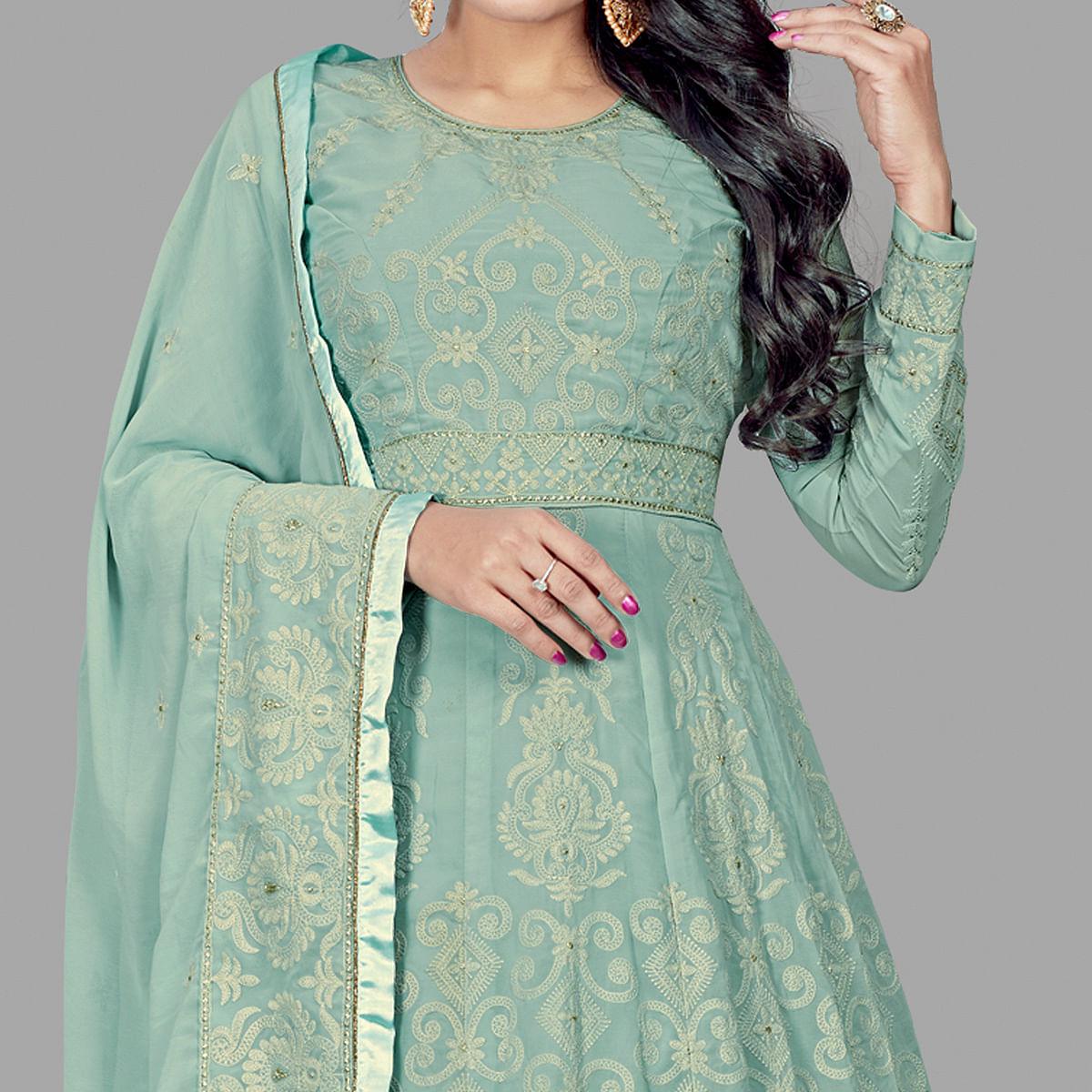 Engrossing Mint Green Colored Party Wear Embroidered Heavy Faux Georgette Anarkali Suit