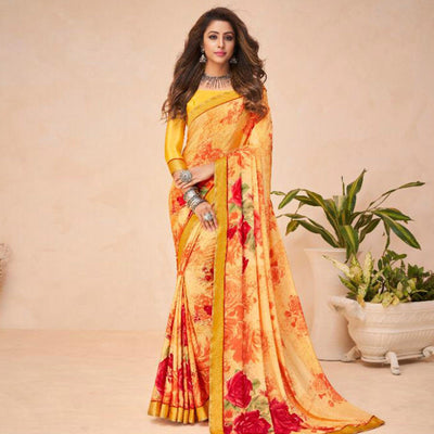Engrossing Mustard Coloured Casual Wear Printed Crepe Saree